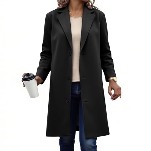 AMhomely Wool Trench Coats for Women UK Single Breasted Overcoats Notched Lapel Winter Warm Long Jackets Elegant Peacoats Casual Outwear