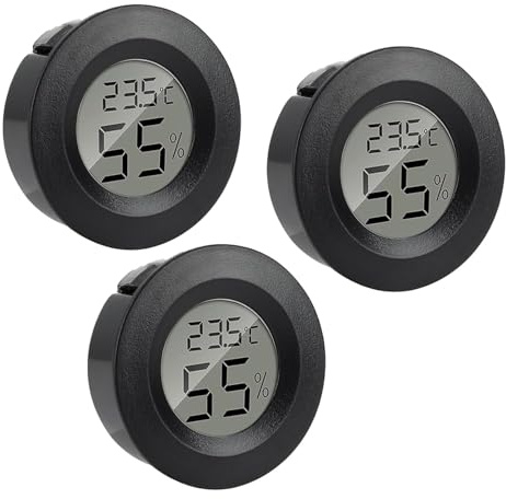 Reptile Thermometer Hygrometer, Round Humidity Temperature LCD Gauge | Terrarium vivarium monitor, lizard snake habitat, easy read, battery, adhesive mount, carry accurate quality practical duo