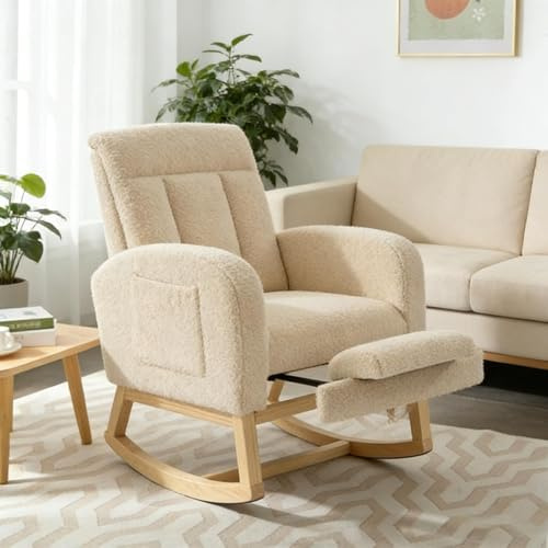 RBFGYIOP Comfort Nursery Rocking Chair with Adjustable Footrest – Ergonomic Glider Rocker for Breastfeeding, Soft Teddy Fleece Upholstery, Deep Cushioning for Ultimate Relaxation