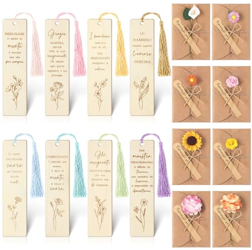 Nezyo 16 Pezzi Grazie Maestra Regalo 8 Segnalibro Maestra in Legno con Frasi di Gratitudine 8 Biglietti di Ringraziamento Floreali Regalo Fine Anno Natale Andare in Pensione