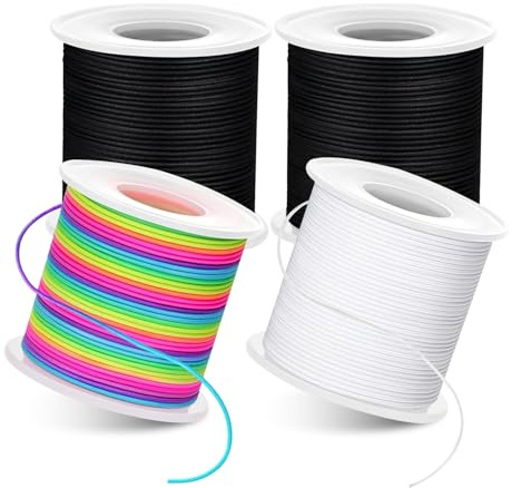 1mm Elastic String for Bracelets, 200m Total, 4 Rolls Bracelet Elastic String (2 Black, 1 White, 1 Rainbow), Elastic Cord for Bracelet Making, Jewellery Making & Beading