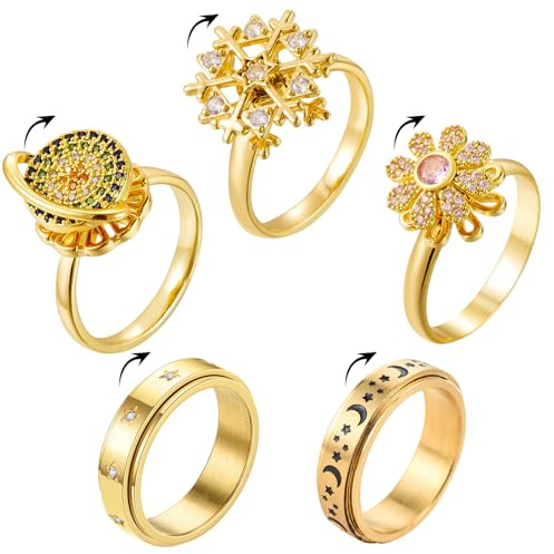 HTTDSLF 5 Pièces Bague Anti Stress Femme Or, Fidget Bague Anxiété Rotative, Spinner Ring Femmes Bande Ring, Bagues Ouverts Reglables, Anti Anxiété Bagues Ensemble pour Relaxation Femme Homme