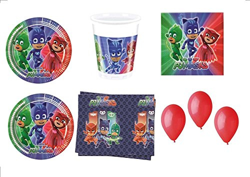 PJ MASKS SUPER PIGIAMINI COORDINATO ADDOBBI FESTA - kit n°26 Cdc- (16 PIATTI, 16 BICCHIERI, 20 TOVAGLIOLI, 1 TOVAGLIA,100 PALLONCINI ROSSI)