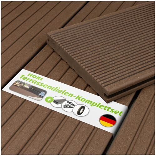 HORI WPC Terrassendielen Braun Massivdiele, Komplettset inkl. 40x60 mm Unterkonstruktion & Clips, Rutschfest & UV-beständig für langlebige WPC-Terrasse Fläche: 10 m² - 3,50 m Dielenlänge