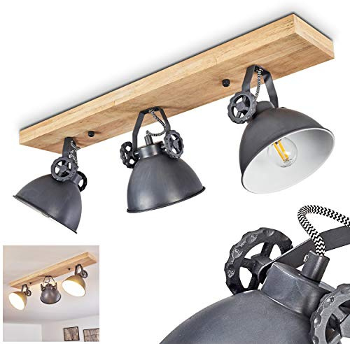 HOFSTEIN Deckenleuchte Svanfolk, verstellbare Deckenlampe aus Metall/Holz in Blau-Grau/Natur, Leuchte im Industrial/Retro/Vintage-Design, Holzbalken, 3xE14, Wohnzimmer, Esszimmer, Schlafzimmer, Küche