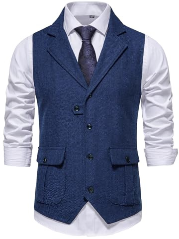 MakingDa - Gilet da uomo formale con scollo a V, in tweed, a righe a pesce, slim fit, gilet da lavoro con tasca, Blu scuro, XL
