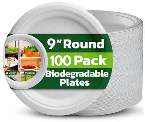 Strong Paper Plates 9 Inch 100 Pack, White Disposable Bagasse Plates | Microwave Safe, 100% Compostable, Heavy-Duty, Eco-Friendly, Biodegradable Plate, for Parties, Weddings, Picnics, Hot Food