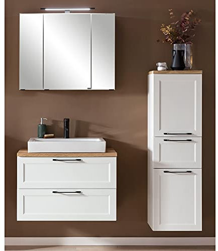 Lomadox Badmöbelset Badezimmer in weiß, mit Waschtisch 80 cm mit Kermaik-Aufsatzbecken Spiegelschrank Midischrank, B/H/T ca. 140/200/47 cm