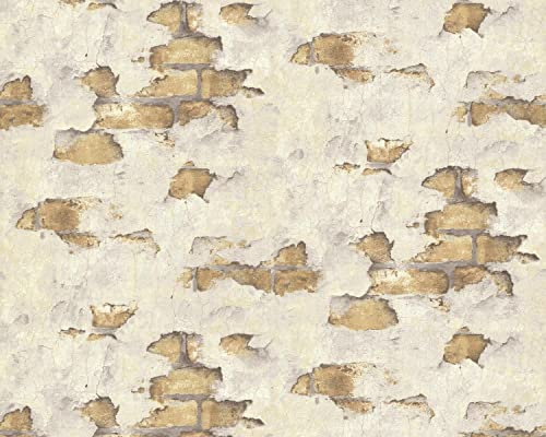 Stein Kacheln Tapete EDEM 819DN53 heißgeprägte Vliestapete leicht strukturiert in Spachteloptik matt creme grau-beige ocker-gelb 10,65 m2