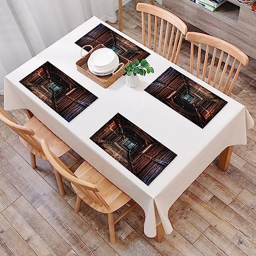 Platzset, Satz von 4 Platzsets,Holzhaus Flurtür Shabby Vintage Korridor,Gewebte Vinyl-Tischsets, waschbare und langlebige Tischsets, Tischsets für den Innen- und Außenbereich