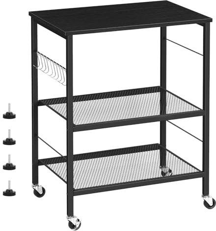Bakers Rack Microwave Stand Cart with Storage Small Kitchen Island on Wheels Black Coffee Bar Cart 3 Tier Kitchen Shelf Stand with 10 Hooks Printer Table for Living Room Bedroom Office