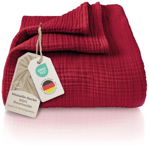 LAYNENBURG Premium Musselin Tagesdecke 220x240 cm XXL - 100% Baumwolle - extraweiche Baumwolldecke als Kuscheldecke, Bett-Überwurf, Sofa-Überwurf, Couch-Überwurf - warme Sofa-Decke (Bordeaux)