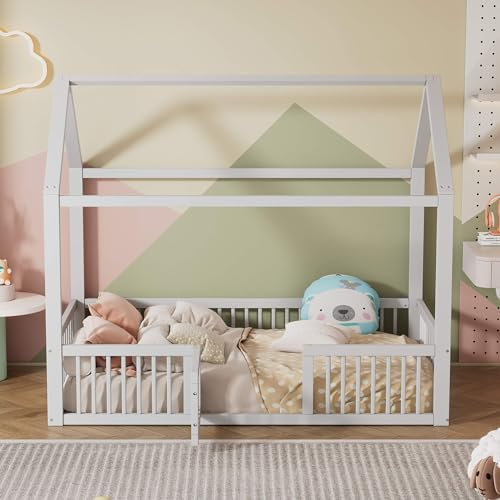 HYUB Hausbett für Kinder 90x200cm mit Dach und Zaun, 2-in-1 Kinderbett mit Rausfallschutz und Lattenrost, Holz Baumhausbett für Mädchen & Jungen, Flachbett, Ohne Matratze, Weiß