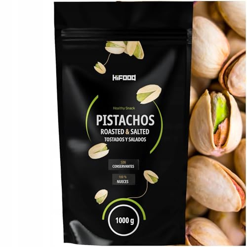 HiFOOD pistachos tostados y salados, con cáscara 1 kg, formato grande, crujientes, ideales para aperitivo y snack, sin aditivos, sabor auténtico