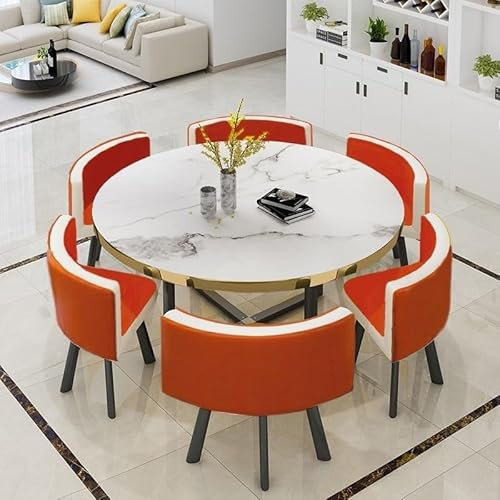 EpuzeR Esstisch mit 6 Stühlen Essgruppen, Rund Küchentisch-Set for 6 Personen, Konferenztisch Küchentisch mit Stühlen Set(Orange)