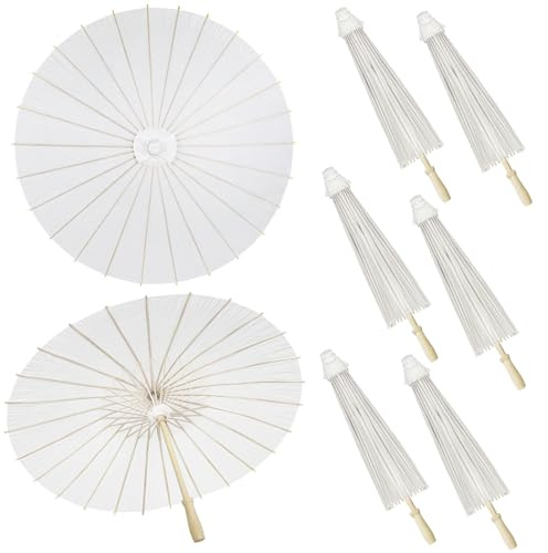 Kvittra 8 Pack Paper Umbrellas Chinese Japanese Parasol Umbrella Paper Decorative DIY Oiled Painting Umbrellas Crafts for Wedding Bridal Party Decor Photography Prop, White 33 Inches