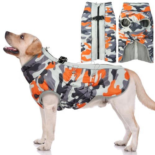 Hjyokuso Hundemantel Wasserdicht, Hundejacke Winter, Hundemantel Mit Geschirr Für Kleine Mittelgroße Grosse Hunde, Winddichte Wintermantel Hund Mit Reflektorstreifen Und ReißVerschluss - XL