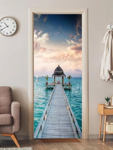 FLFK 3D Türtapete Selbstklebend TürPoster 85X215cm-Meer Holz Brücke Landschaft Türaufkleber Abziehen und Aufkleben Mauer Aufkleber Zuhause Dekor(2 Stk/Set)