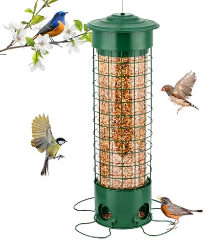 Diealles Shine Distributeur de nourriture pour oiseaux, colonne de 42 cm, avec 4 sites d'approche, anti-écureuil, 2,2 l, en métal transparent, pour oiseaux, à suspendre