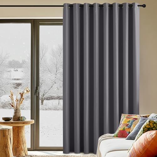 PONY DANCE Thermovorhang Kälteschutz Extra Breite Gardine 1er Set H 225 x B 300 cm Verdunklungsvorhänge mit Ösen Wohnzimmer Vorhänge Grau Blickdicht