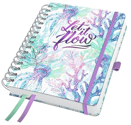 SIGEL J6604 Spiralkalender 2026 A5, lila, grün, Hardcover, Gummiband, Stiftschlaufe, Einstecktasche, 2 Zeichenbänder, 240 Seiten, vegan, Buchkalender, Terminplaner Taschenkalender Jolie