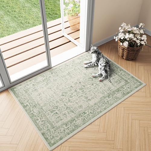 HUGEAR Grün Vintage Fußmatte 60x90cm Waschbar | Waschbarer Teppich, Weich Rutschfest, Kurzflor im Retro, für Eingangsbereich, Badezimmer Schlafzimmer, Kleiner Carpet