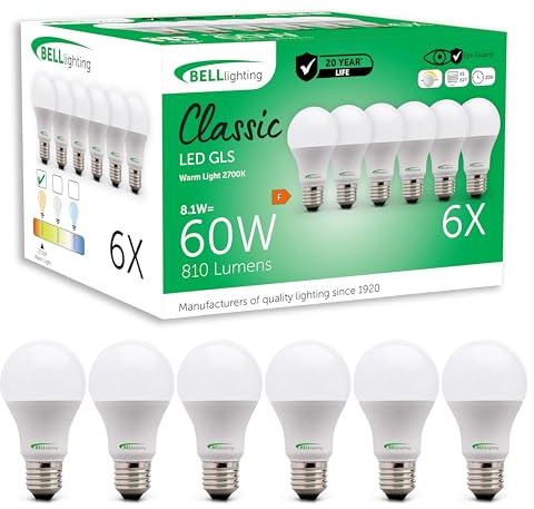 BELL Lighting E27 Edison Dimmable LED GLS Bulbs Warm White 8.1W 6 Pack | Dimmable E27 Edison screw LED GLS bulbs with 2700K warm white light, 810lm output and 60W equivalent brightness.