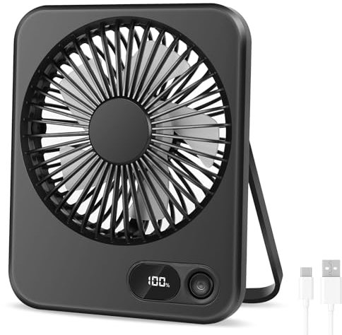 AXFEE Ventilatore Da Tavolo Piccolo, 2000mAh Ricaricabile Ventilatore Portatile, 5 velocità 360° Rotante, Display a LED, Silenzioso Mini Fan, per Casa, Ufficio, Campeggio -Nero
