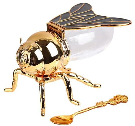 Dgayaeic Tarro decorativo con de abeja, dispensador de, tarro de miel con cuchara, creativo y funcional, fácil de usar, 15 x 10 x 9 cm, polipropileno + aleación de zinc, accesorio elegante para