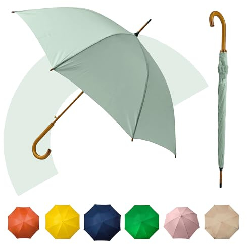 Jollybrolly Gehschirm - Gehstock-Regenschirm aus Holz, gebogener Griff, großer Baldachin für Sonnenschutz, Windrpoof, wasserdicht, langer Stock Herrenschirm, beige, Large