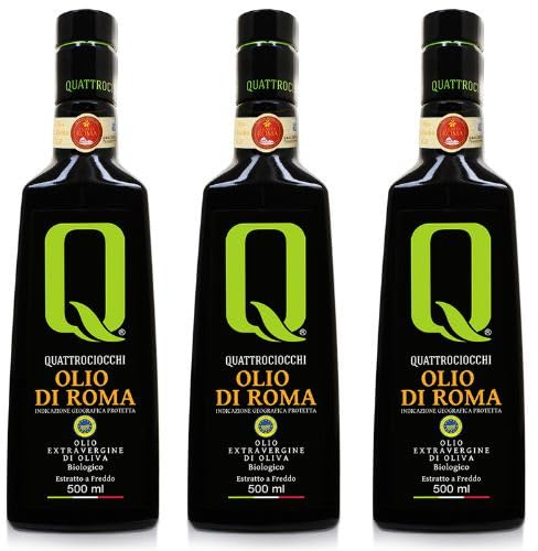 Quattrociocchi OLIO DI ROMA IGP Extra Vergine di Oliva - Prodotto 100% Italiano - 3 Bottiglie da 500 ml -