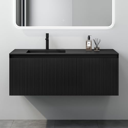Mai & Mai Waschtisch mit Unterschrank Waschbeckenunterschrank 120cm | Badmöbel-set in Schwarz matt, mit Softclose Schubladen, inkl. Mineralguss Waschbecken, Santa