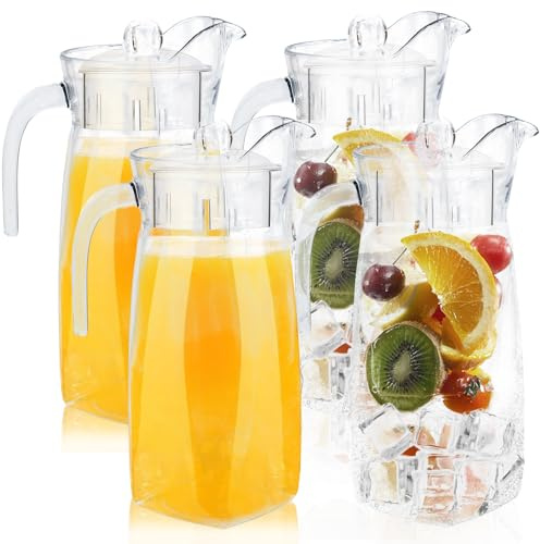 4 Pack 1.3 L Clear Plastic Pitcher Jugs with Lid and Handle | Unbreakable Water Jugs Bulk, Reusable Iced Tea Pitchers for Lemonade Juice Milk Cold or Hot Drinks