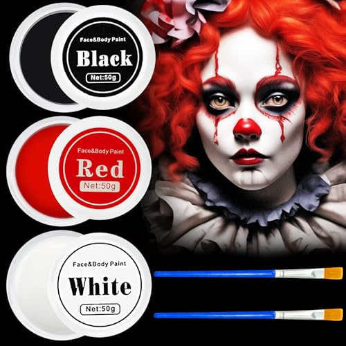 150g Halloween Schminke Schwarz Weiß Rot,Körperfarben,Karnevalsschminke,Halloween Spezialeffekt Make Up Set,Fasching Gesichtsfarben mit Pinseln für Erwachsene Kinder,Cosplay Clown