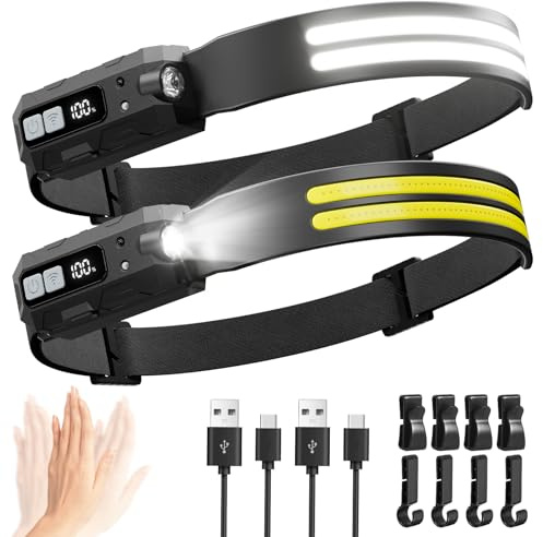 Sogdeco Head Torch Rechargeable 2-Pack, 2000 Lumen Super Bright 270° Wide Beam LED Headtorch, 8 Light Modes, Motion Sensor, Long Runtime, Waterproof Lightweight Headlamp for Running Camping Fishing