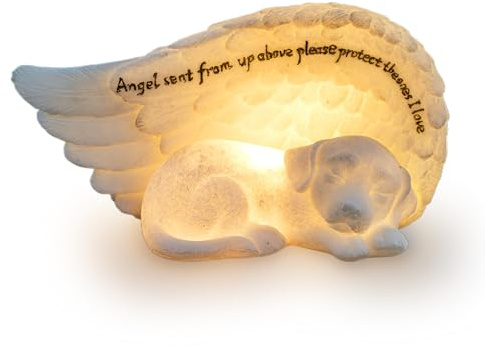 Tuzsocr Hunde Engel Gedenkstatue mit LED-Solarlicht, Solar Katze Engel Gedenkstein Grabstein, Wetterfest Hundefigur Grabschmuck, Mini-Tierstatue für Garten, Grabsteine oder Rasendekoration (Hund)