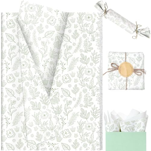 20 Sheets Sage Green Wildflowers Tissue Paper, Botanical Green White Floral Printed Tissue Paper for Boho Themed Birthday Wedding Baby Shower DIY Craft