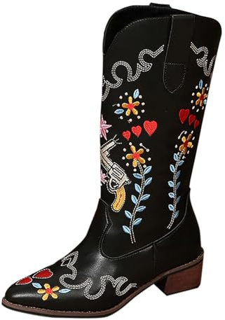 Botas vaqueras de piel para mujer, botines occidentales, para equitación, con bordado de flores, zapatos tradicionales de caña ancha, botas de encaje, botas occidentales, botas de Texani, botas de