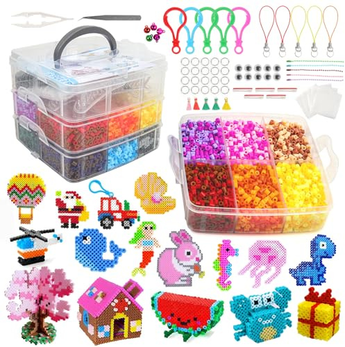 TAMOXI Bügelperlen Set, 11,000 Stück 5mm Bügelperlen, 24 Farben für Mädchen Jungen DIY, 5 Steckplatten, 46 Muster, Schmelzperlen Set mit Aufbewahrungsbox für Basteln Handwerk Geschenk