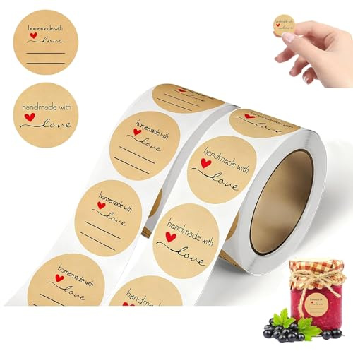 ANBOO Marmeladeetiketter, handgjorda klistermärken självhäftande, 1 000 stycken, 25 mm runda av kraftpapper klistermärken för syltburkar, etiketter självhäftande marmelad, handgjord med kärlek