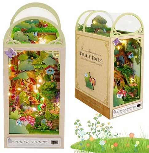 MeYuxg Book Nook Kit, kit fai da te in miniatura con mobili e lampada a LED, fermalibri puzzle 3D, set di inserti per libri Diorama, libreria, decorazione per feste di compleanno (Firefly Forest)