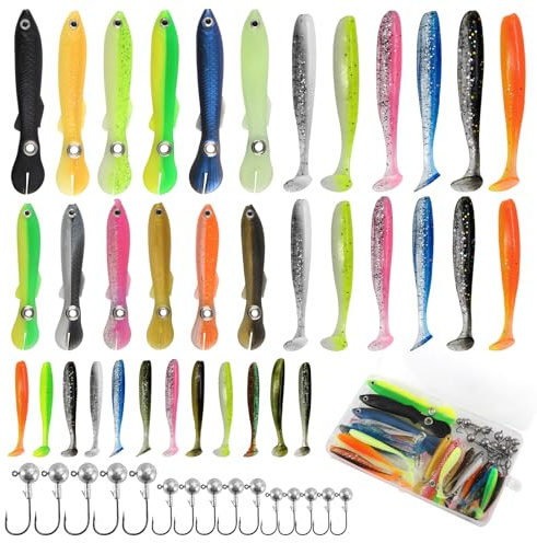 Vaskula Angeln Köder Set 51 Pcs Angelzubehör Set mit Angelbox Gummifische Angelköder Hecht Köder Gummifisch für Zander Barsch Forelle,Wobbler Hecht, Gemischt Kunstköder für Süß und Salzwasser Fischen