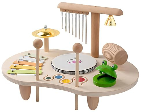 Kingbar Barnbatteri i trä, 8-i-1 barnmusikleksak, Montessori pedagogisk leksaksbatteri med Xylofon, barnbatteri, C