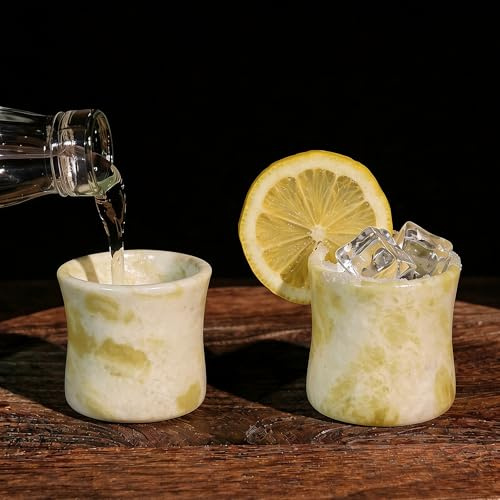 Natural Jade Shot Glasses Set of 2, Bamboo Joint Shape, 1.3oz Espresso Cups | Handcrafted Stone Drinking Cups for Tequila, Whisky, Sake & Tea, Unique Gift for Dad, Coffee Lovers