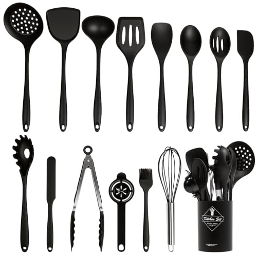AiQInu 15 Piezas Utensilios de Cocina de Silicona, Utensilios de Cocina de Silicone Alimentario y Acero Inoxidable, Resistente al Calor, Antiadherente y Antiarraños, Sin BPA