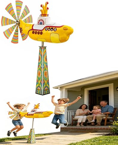 Yellow Submarine Wind Spinner, Rotating Submarines Yard Spinners with Spin Blades, Submarine Wind Spinner Outdoor Garden Decor, Heavy Duty Metal Kinetic Windmill, UV-Resistant Non-Fading (A)