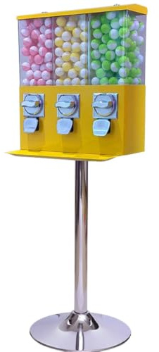 Kommersiell Godisautomat Med 3 Behållare Och Ställ Yellow | Myntdriven För Godis, Tuggummibollar, Kapslar; Metallställ; För Kiosker, Spelhallar, Butiker