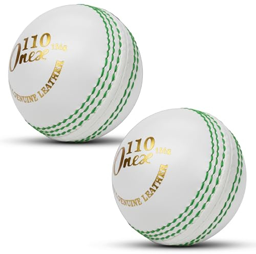 ONEX Leather Cricket Ball (Pack of 2) Senior Hand Stitched Match Quality Balls Weight 5.50oz Training coaching practice swing stitch Indoor Outdoor (White)