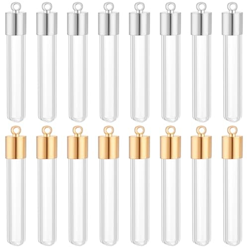 PandaHall 16 Stück Klare Glasflaschen Anhänger, 34mm Leere Glasflaschen Röhren Wunschflaschen mit Goldenen/Silbernen Metallkappen für Handwerk Halsketten Ohrringe Schmuckherstellung