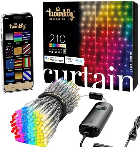 Twinkly Christmas Curtain Lights 210 RGB+W LEDs - App-Controlled, Sync with Music, Indoor & Outdoor Use, Compatible with Google Assistant, Amazon Alexa, Apple HomeKit, Bluetooth & WiFi Connectivity